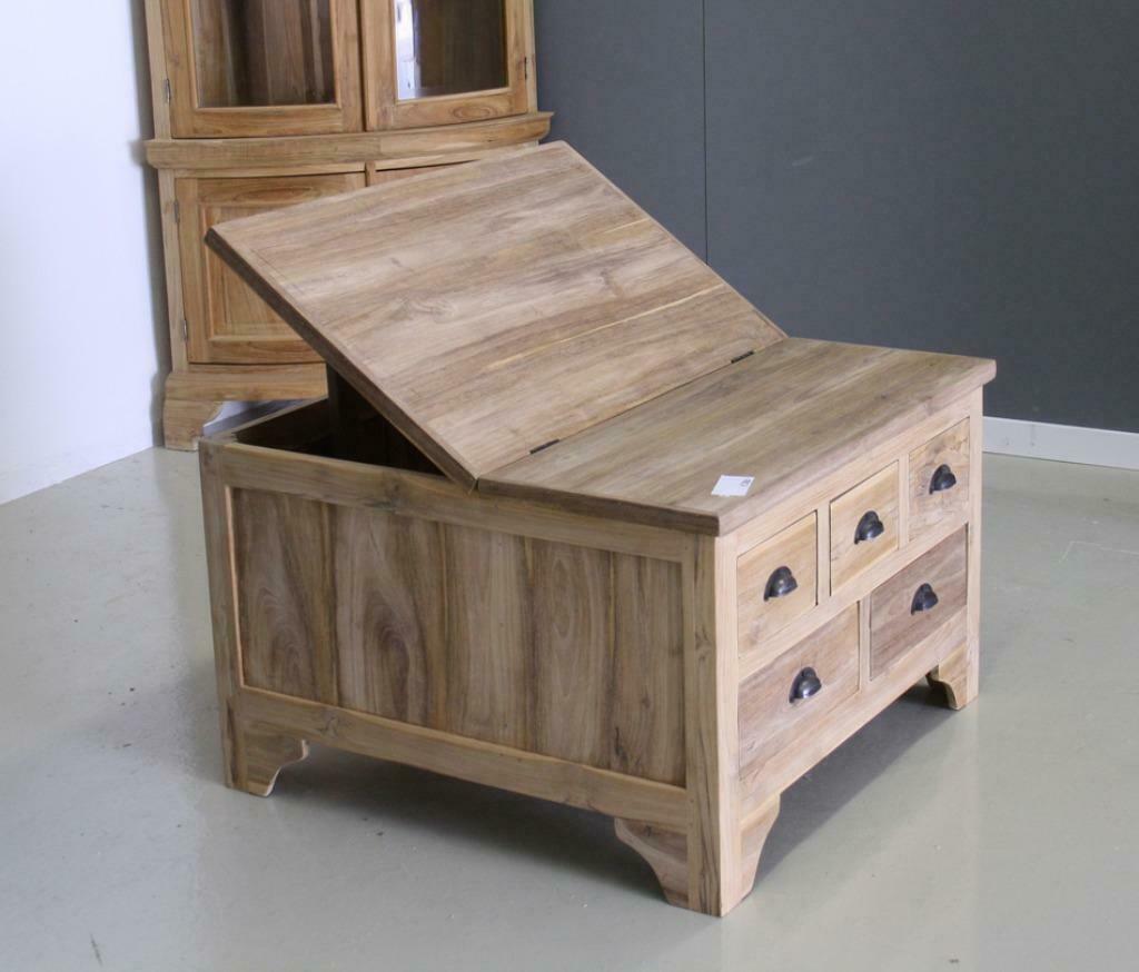 Teakhouten salontafel 80x80cm met laden en klep; Indoteak, Huis en Inrichting, Tafels | Salontafels, Nieuw, 50 tot 100 cm, 50 tot 100 cm