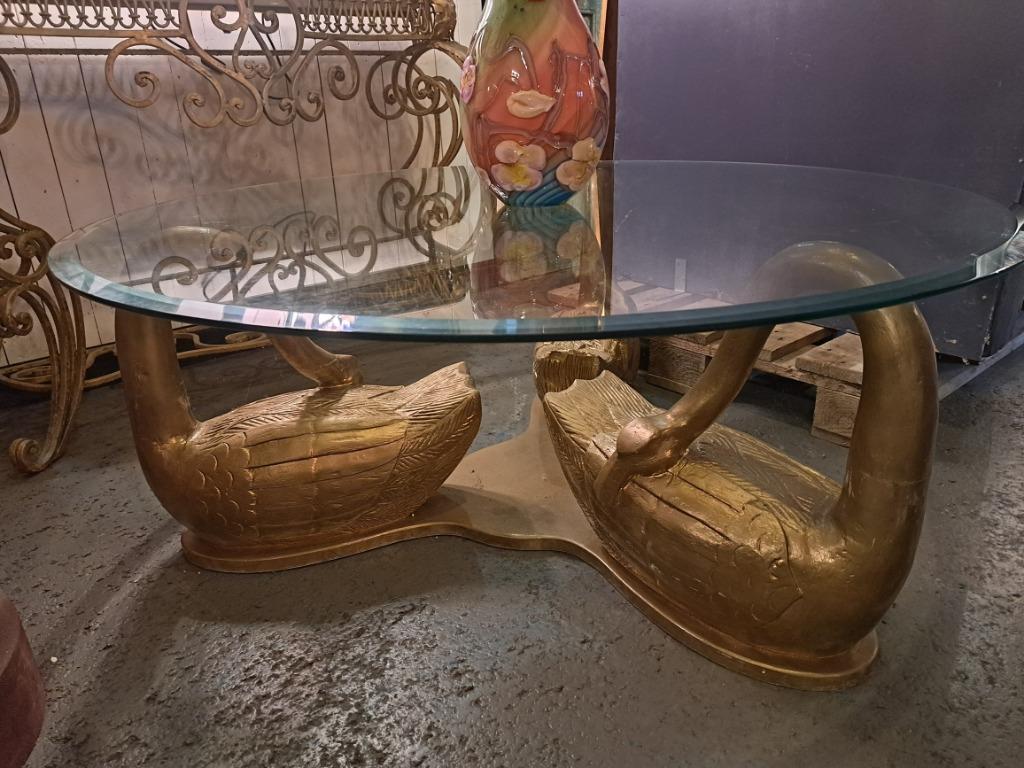 Unieke salontafel met 3 zwanen als onderstel 118 cm doorsnee, Huis en Inrichting, Tafels | Salontafels, Ophalen, Gebruikt, 100 tot 150 cm