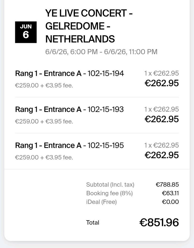 3 tickets Kanye West (Ye) Gelredome 6 juni rang 1, Tickets en Kaartjes, Kortingen en Cadeaubonnen, Drie personen of meer
