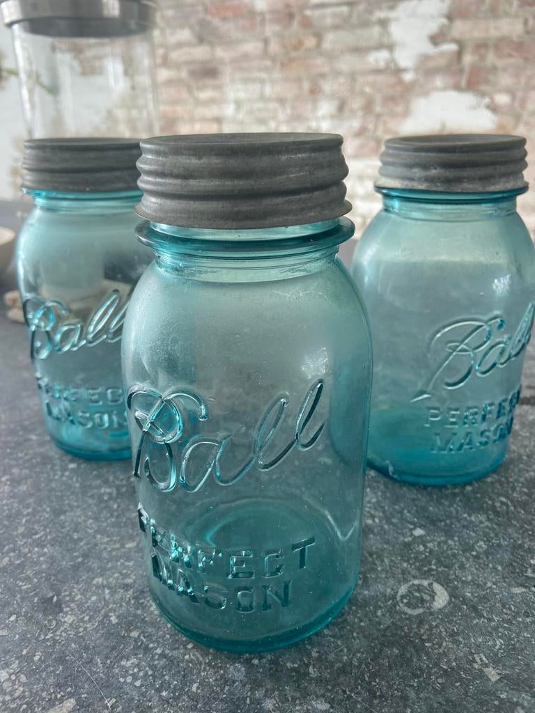 3 antieke aqua blauwe Amerikaanse mason jars, Ophalen of Verzenden