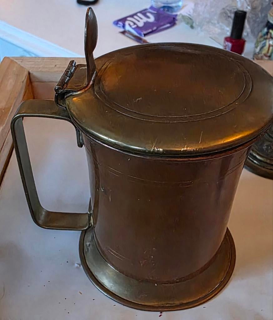 Antieke Koperen Bierpul met Deksel, Ophalen of Verzenden