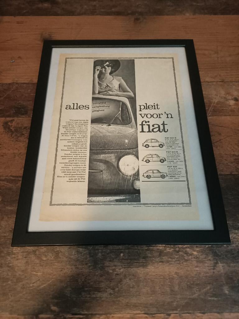 Oude Reclame (in lijst) Fiat 500 (1967) 40x30, Verzenden, Gebruikt, Auto's