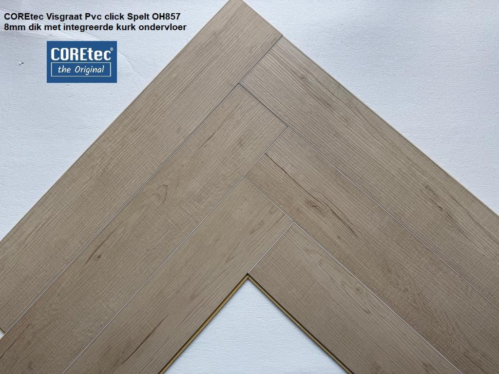 8mm dik Visgraat Pvc klik Spelt  kurk integreerde ondervloer, 75 m² of meer, Beige, 8mm dik Visgraat Pvc click met integreerde kurk ondervloer