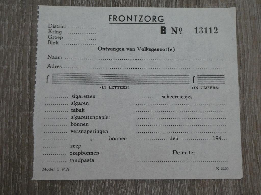 Frontzorg ontvangst formulier., Verzamelen, Militaria | Tweede Wereldoorlog, Ophalen of Verzenden, Overige soorten, Nederland
