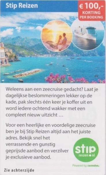 Stip Reizen €100,- korting per boeking op zeecruises, Tickets en Kaartjes, Drie personen of meer, Kortingsbon, Overige typen