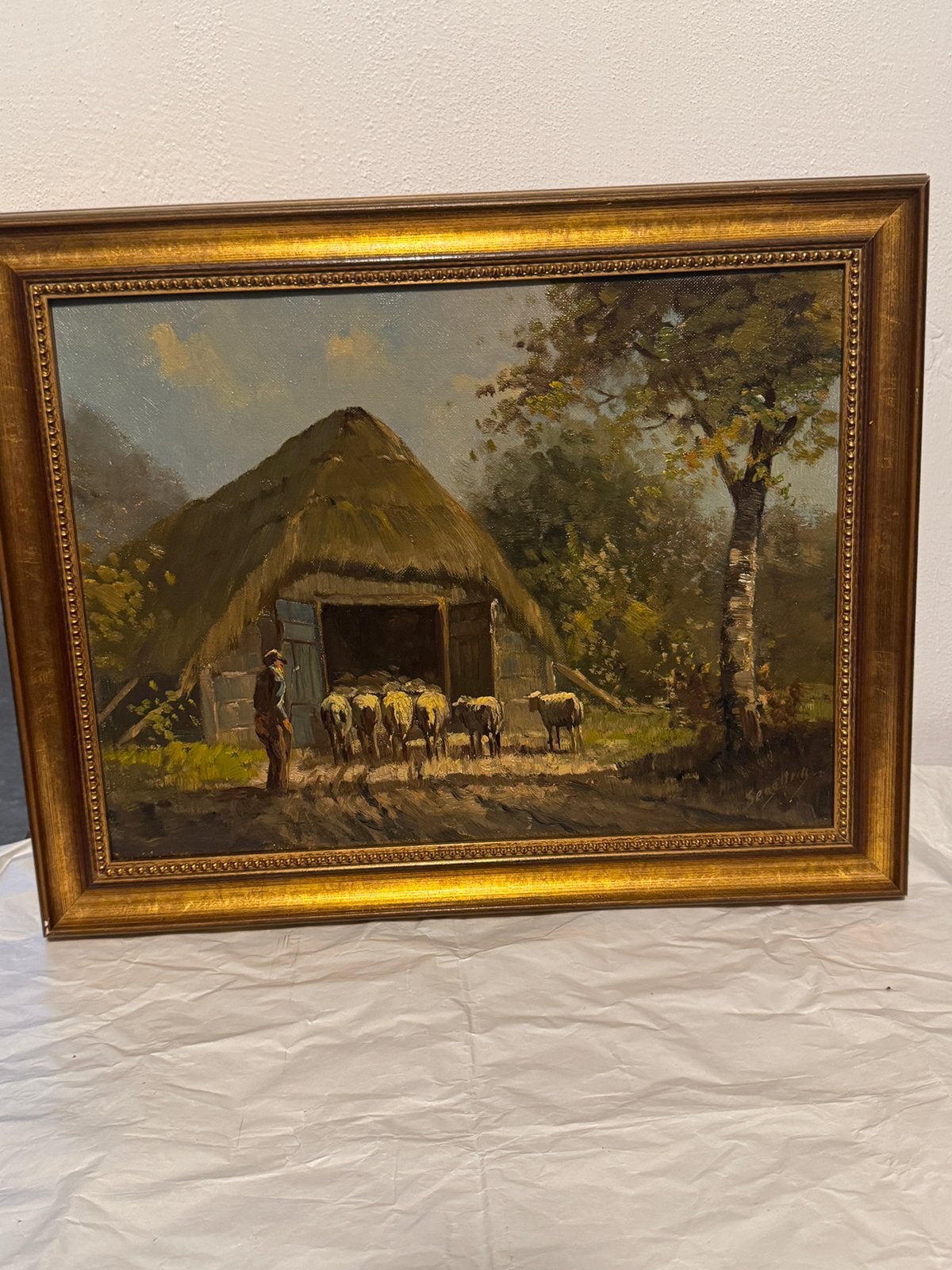 Vintage: Schilderij van Schaapskooi, r.o. gesigneerd., Ophalen of Verzenden