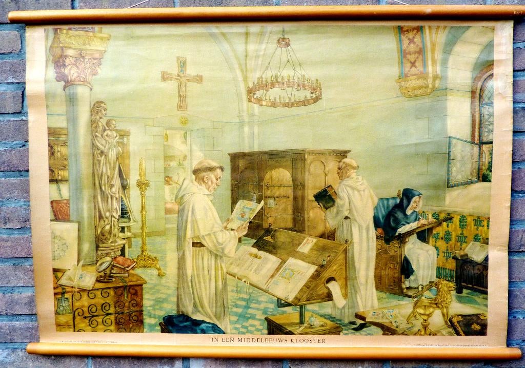 Een oude schoolplaat met een middeleeuws klooster, Antiek en Kunst, Antiek | Schoolplaten, Geschiedenis, Ophalen of Verzenden