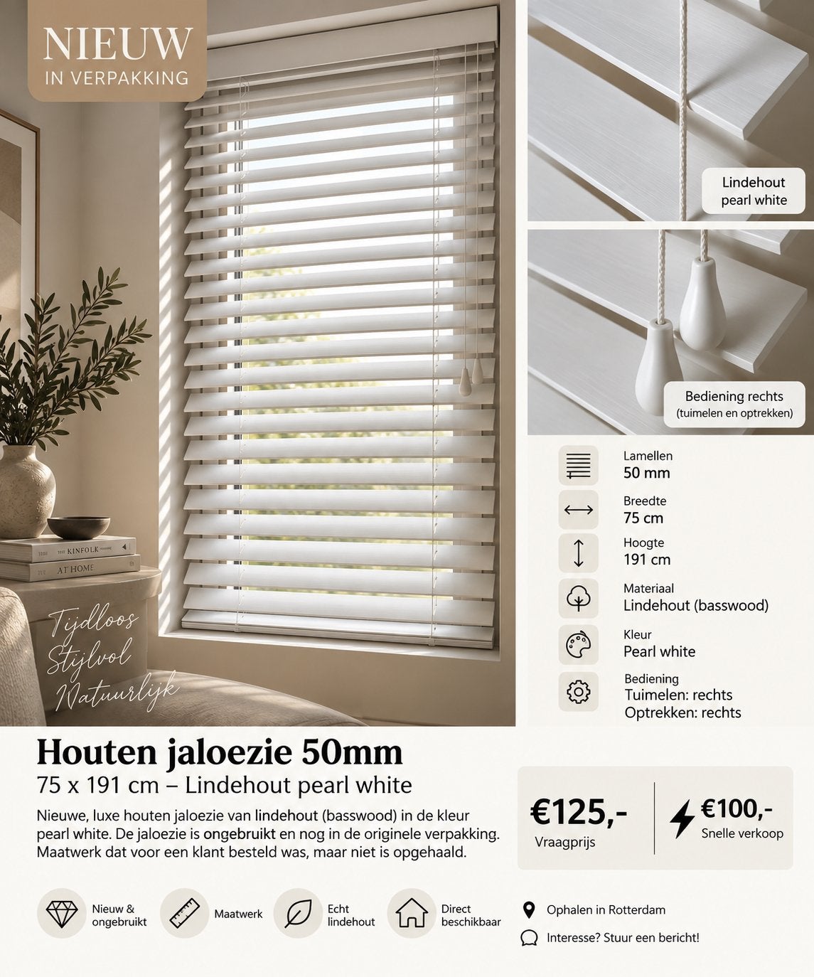 9. Nieuwe houten jaloezie 50mm – 75x191 cm –Pearl White, Huis en Inrichting, Ophalen of Verzenden, Nieuw, 75 cm, 191 cm