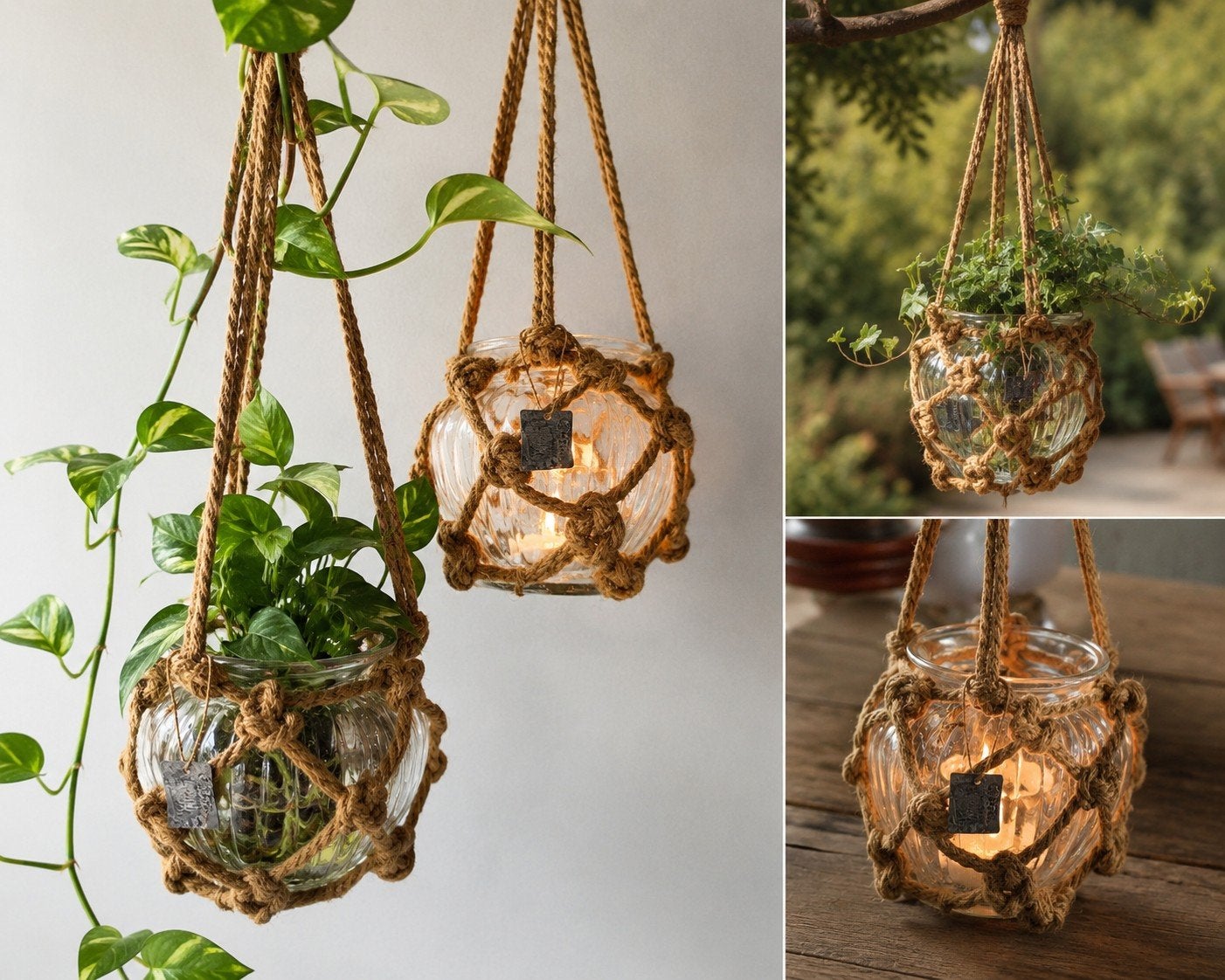 Glazen hangpot met macramé touw, Overige materialen, Minder dan 30 cm, Minder dan 60 cm, Rond