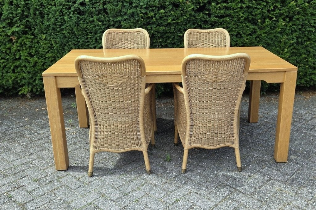Eettafel + 4 eetkamerstoelen eikenhout rotan 180 x 90 cm., Huis en Inrichting, Ophalen, Gebruikt, Bruin, Hout