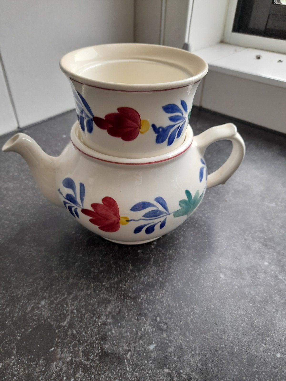 Theepot met zeef boerenbont en deksel, niet op foto, Ophalen of Verzenden