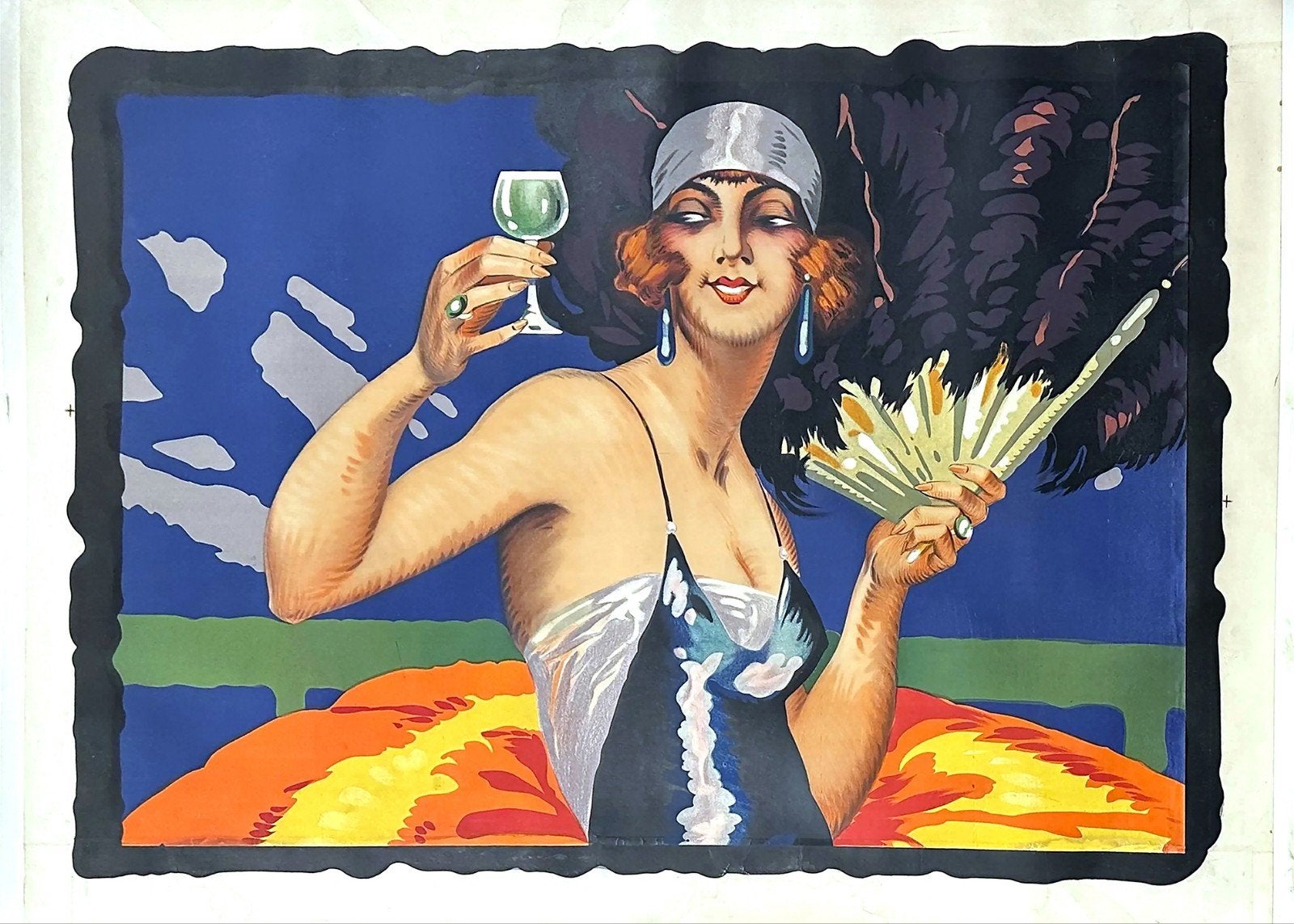 Art Deco Dame met Cocktailglas en Waaier, Ophalen of Verzenden
