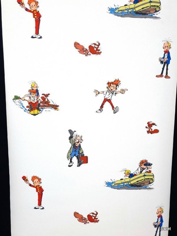 12841 Robbedoes behang met Kwabbernoot op wit swiet, Ophalen of Verzenden, Wit