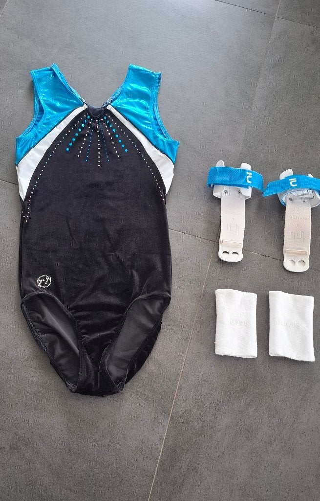 Zwart/blauw turnpakje maat S + turnleertjes. TT gymnastiek., Zwart, Ophalen of Verzenden, Zo goed als nieuw, Turnpak(je)