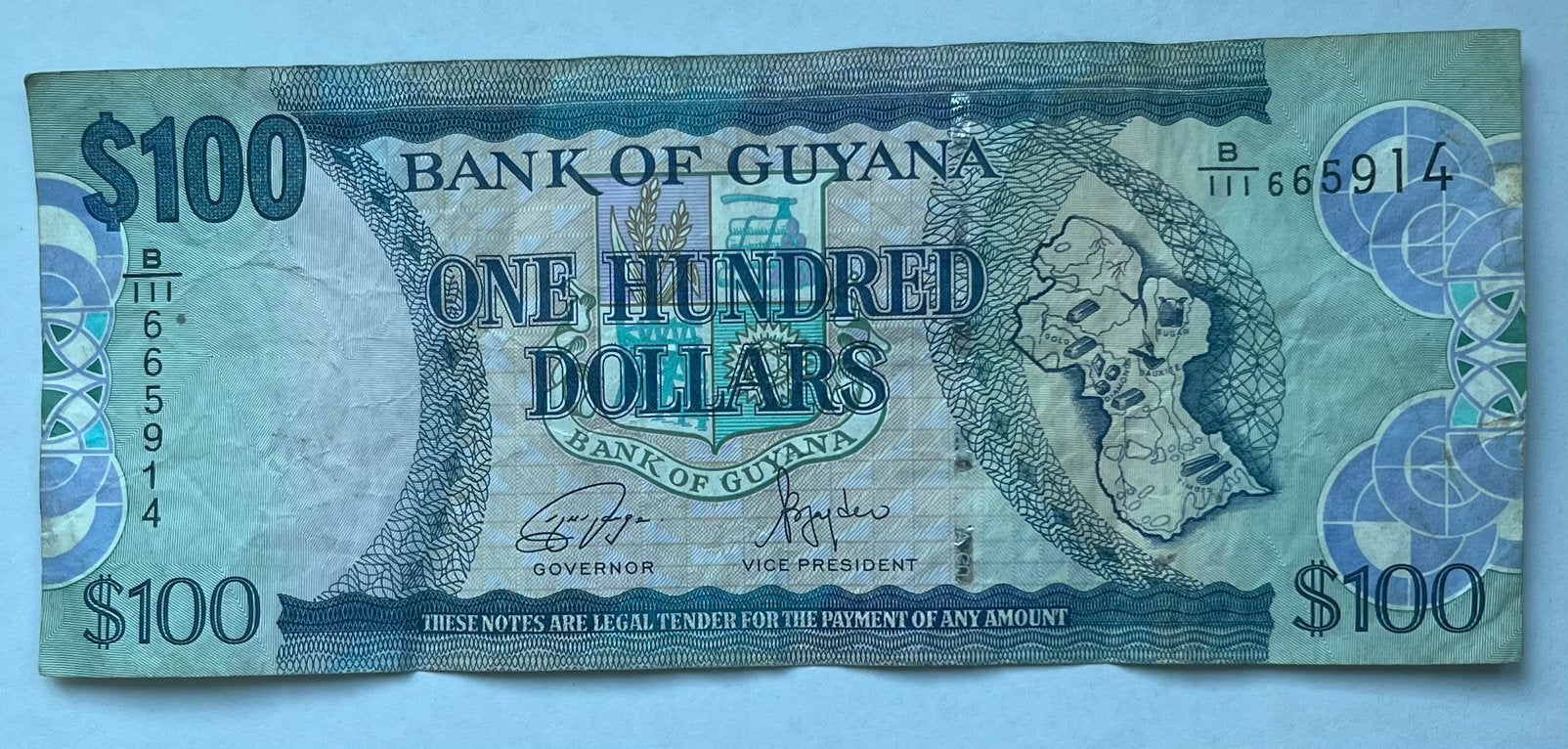 Guyana 100 Dollar gebruikte staat, Verzenden, Zuid-Amerika, Los biljet