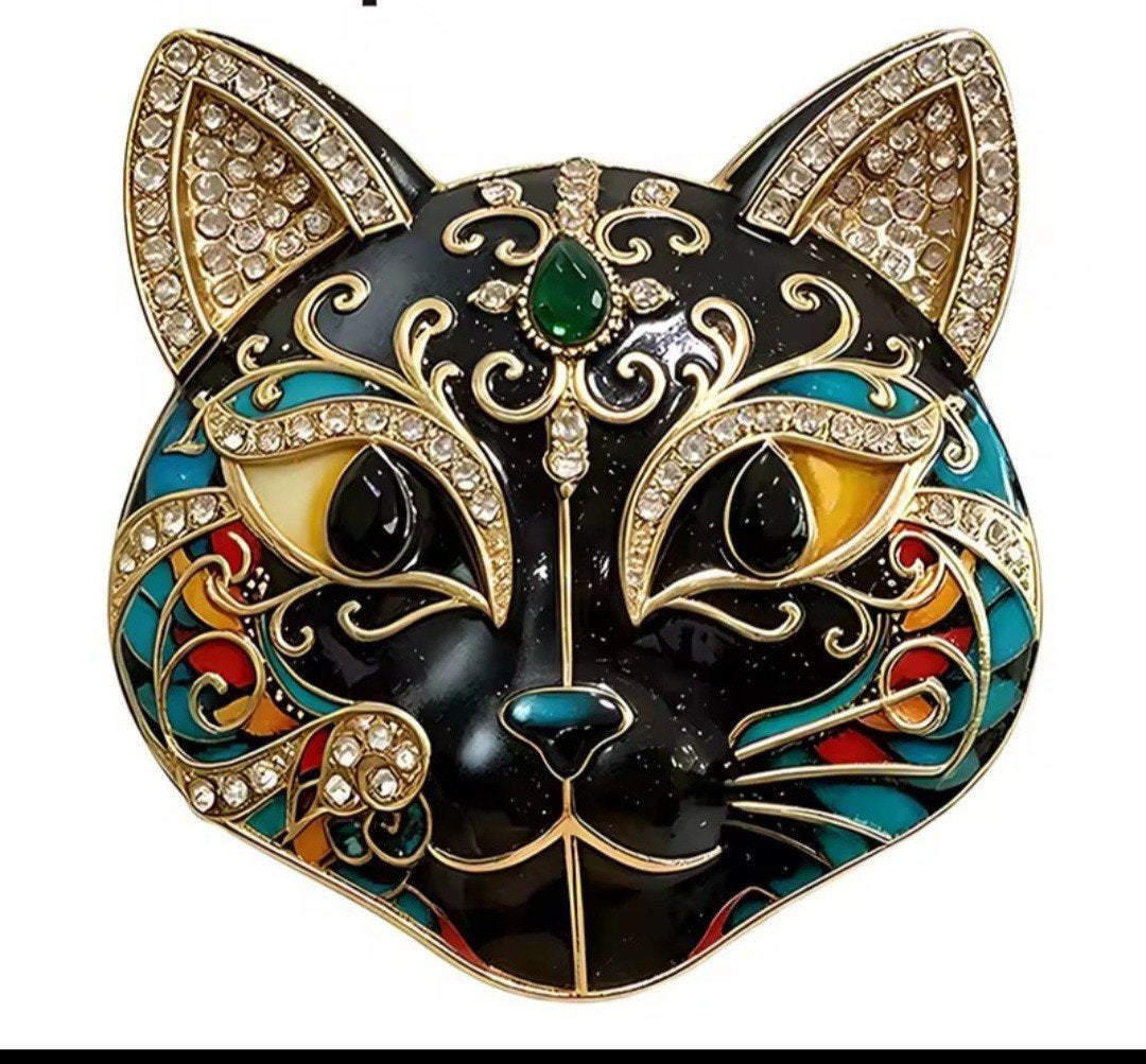 Nieuwe Broche Kattenkop met Strass en Kleurrijke Details, Ophalen, Overige materialen, 4 tot 7 cm, Zwart