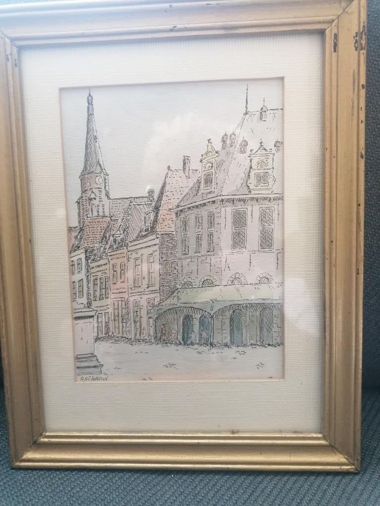 Aquarel De Waag Hoorn gesigneerd, Ophalen of Verzenden