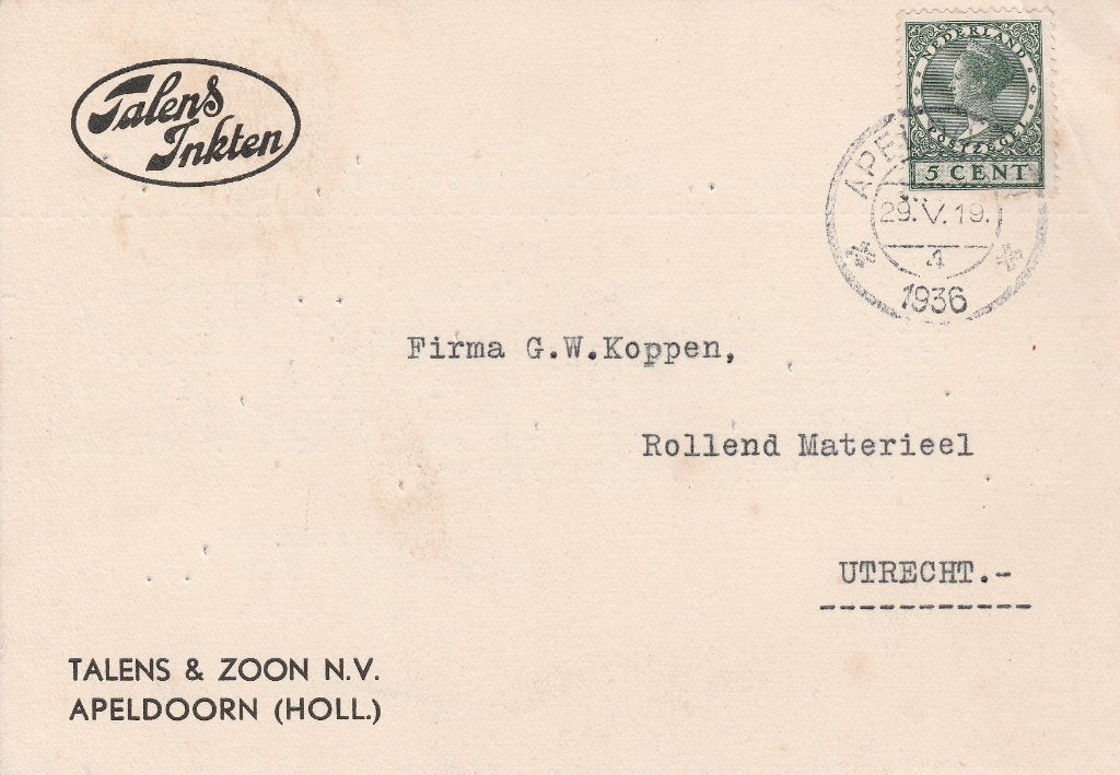 APELDOORN 1936 TALENS & Zn Inkten, Ophalen of Verzenden, 1920 tot 1940, Gelopen, Gelderland