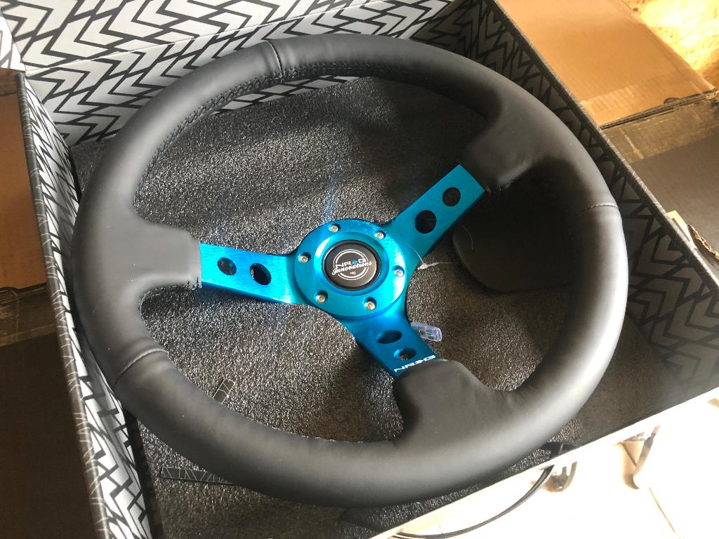 NRG Sportstuur leder 350mm blauw zwart deep dish 75mm, Ophalen of Verzenden