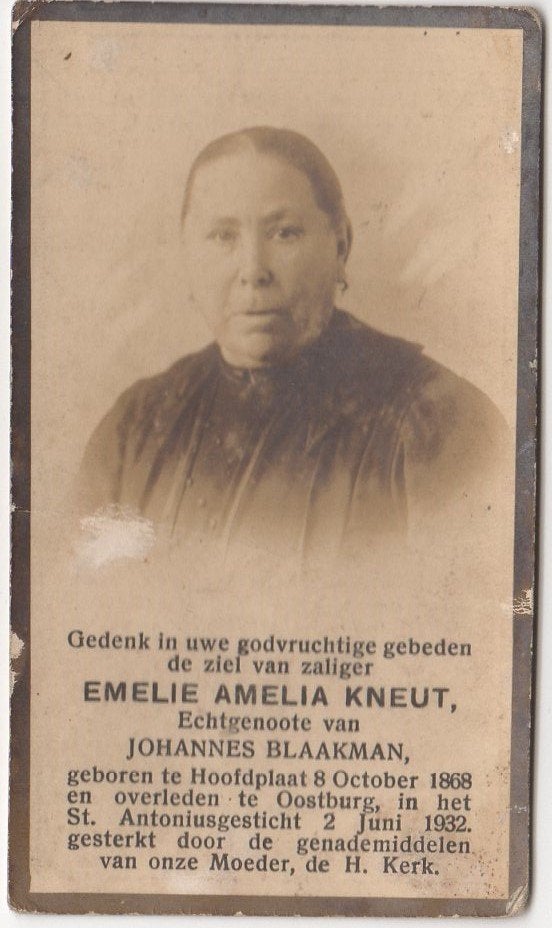 Emelie A. Kneut 1868 Hoofdplaat + 1932 Oostburg, 63 jaar oud, Verzenden