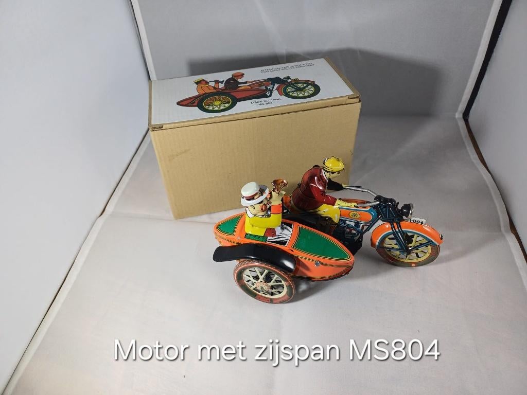 Blikken speelgoed motor met zijspan, Antiek en Kunst, Antiek | Speelgoed, Ophalen of Verzenden