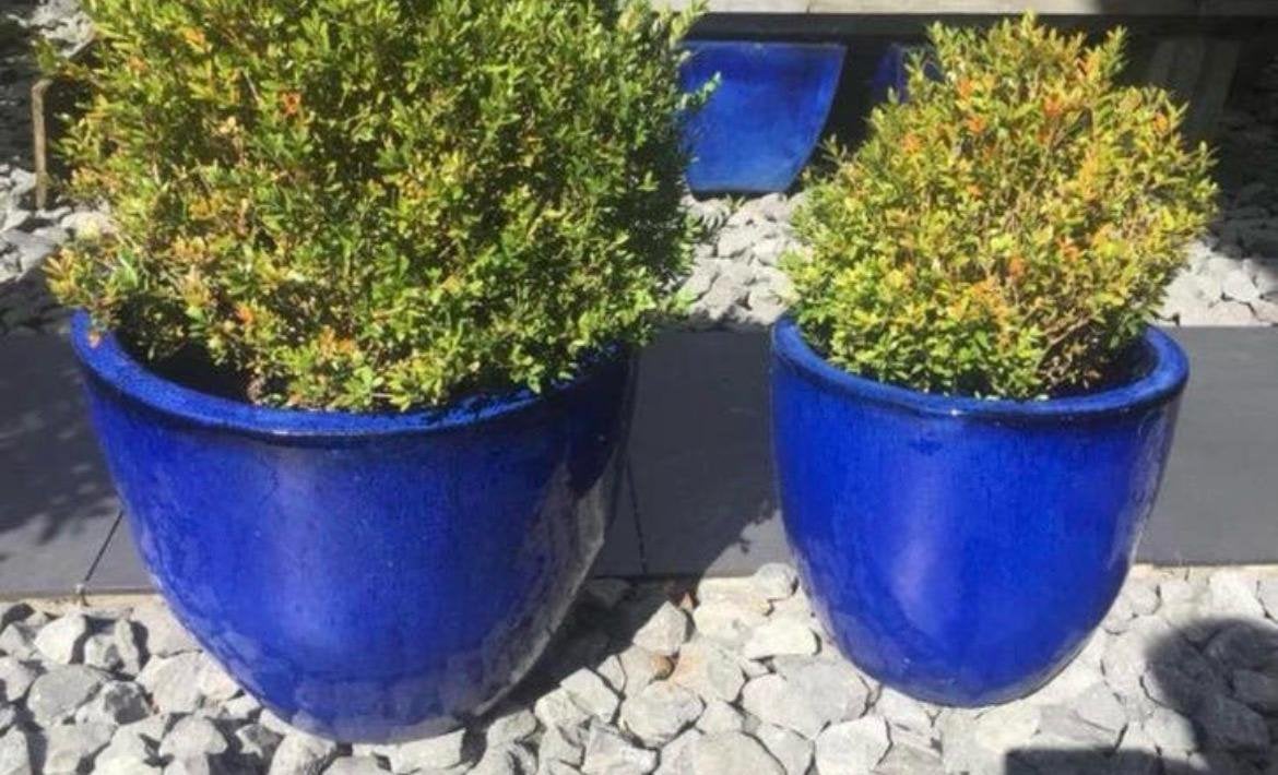 Twee grote terracotta tuin bloempotten blauw 40cm en 50cm, Ophalen, Gebruikt, 40 cm of meer, Rond