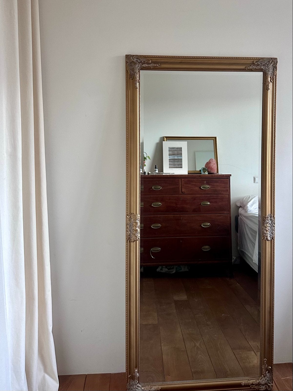 Brocante vintage gouden spiegel, Ophalen, Zo goed als nieuw, 150 tot 200 cm, Rechthoekig