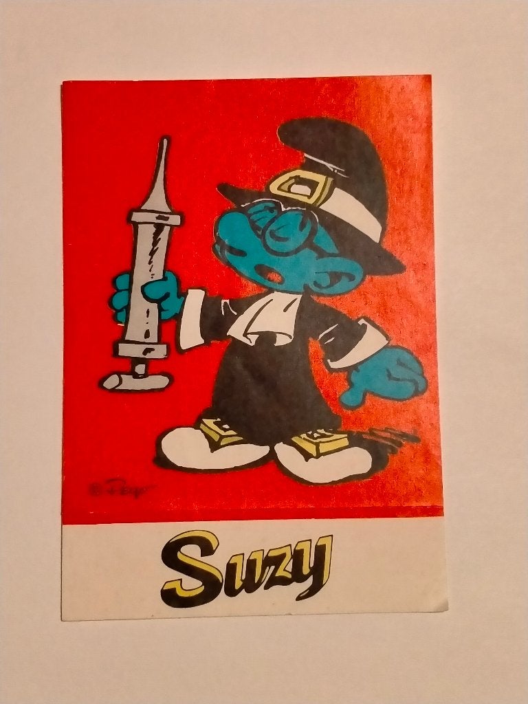 Smurfen smurf kwakzalver Peyo Suzy reclame sticker strip, Verzenden, Gebruikt, Overige typen