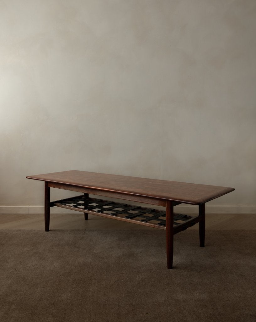 Vintage palissander salontafel met leren rek Topform 1960s, Ophalen
