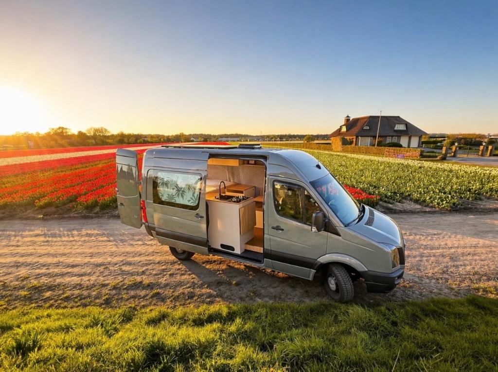 Volkswagen Crafter buscamper euro 6 inbouw 2025 sage green, Caravans en Kamperen, Campers, Dakluik, Afzuigkap, Volkswagen, Tot en met 2