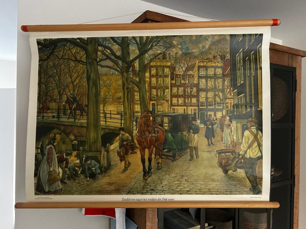 Stadsgezicht Amsterdam in het midden van de 19e eeuw, Antiek en Kunst, Antiek | Schoolplaten, Ophalen of Verzenden, Stad- en Dorpsgezichten