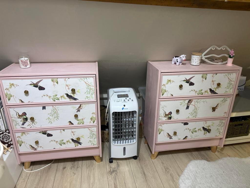 2 Romantische Roze Kasten met Vogels voor Meisjeskamer, Gebruikt, 3 of 4 laden, Minder dan 100 cm, 25 tot 50 cm