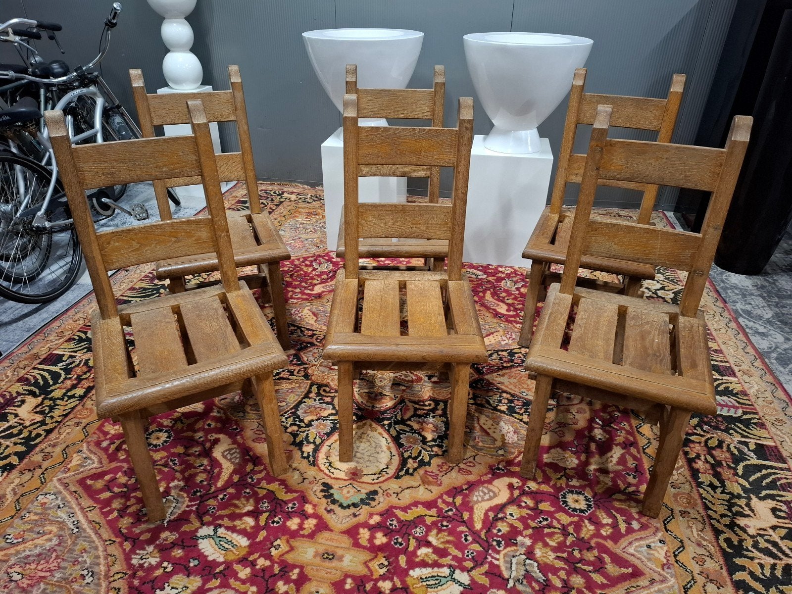 Vintage brutalist Eiken stoelen unieke 6 delige set! Zie oms, Ophalen, Gebruikt, Bruin, Vijf, Zes of meer stoelen