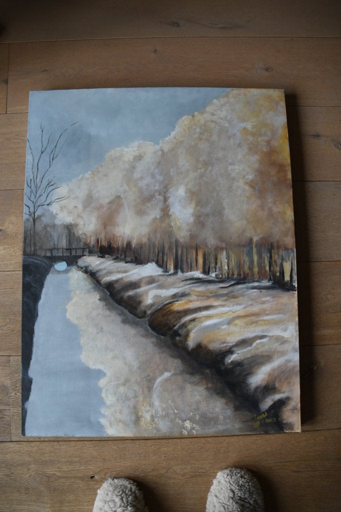 Winterlandschap met brug - Acrylverf op doek, Ophalen, Acrylverf, Doek, Realistisch