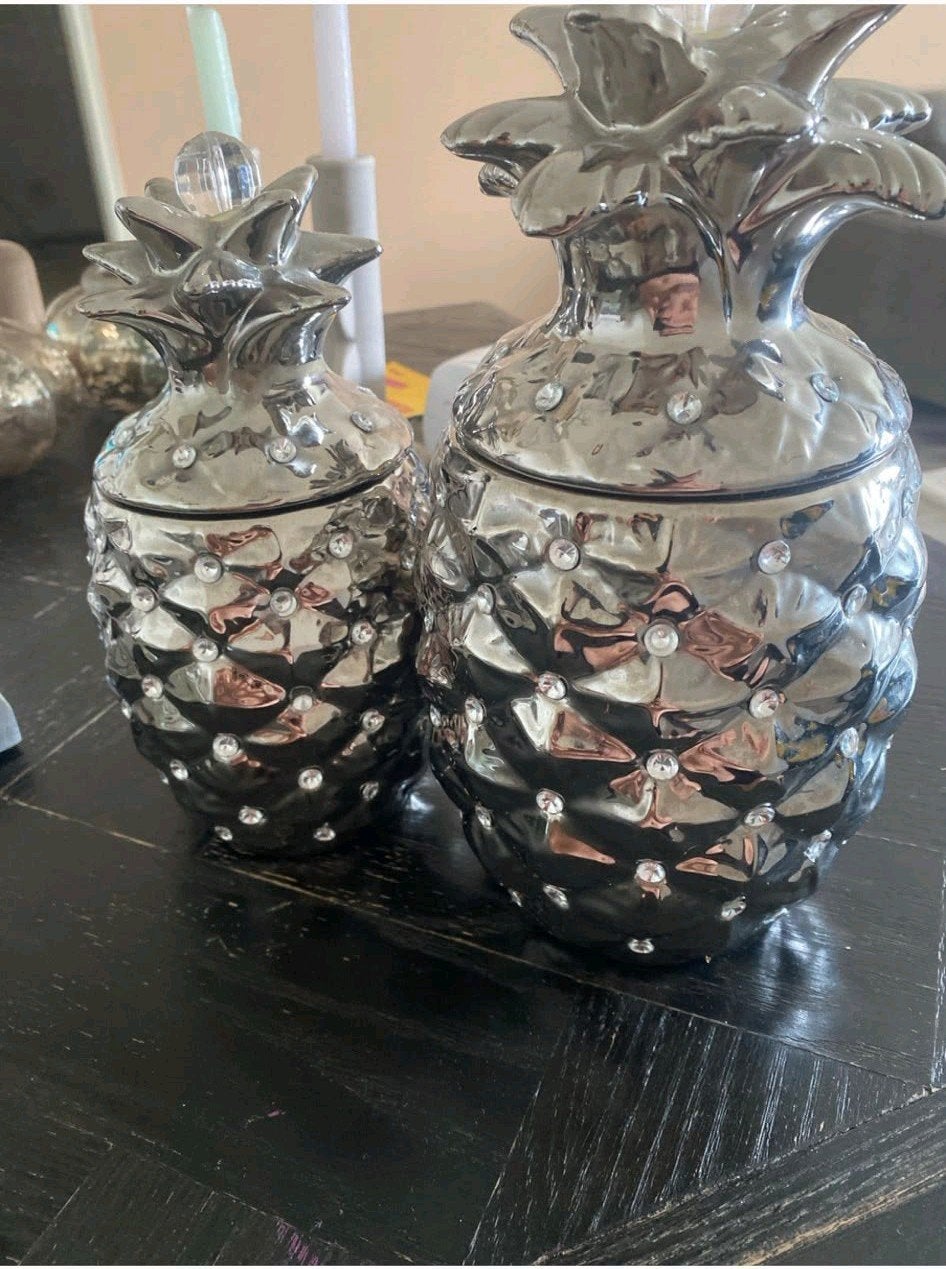 Set van 2 zilverkleurige ananas potten met steentjes, Ophalen, Zo goed als nieuw, Zilver, Modern