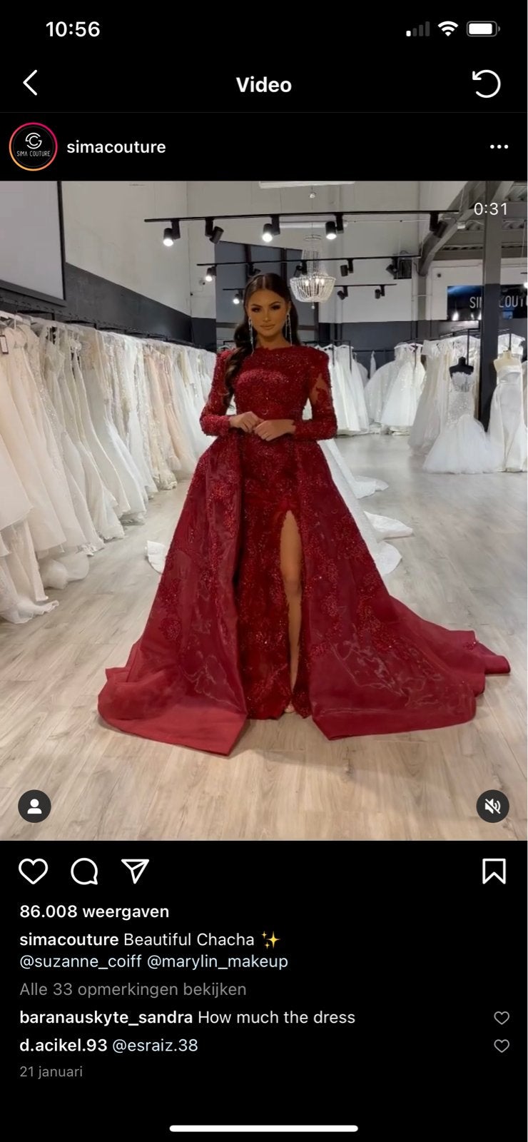 Prachtige Rode jurk met Sleep van SIMA COUTURE, Ophalen, Gedragen, Rood, Trouwjurk