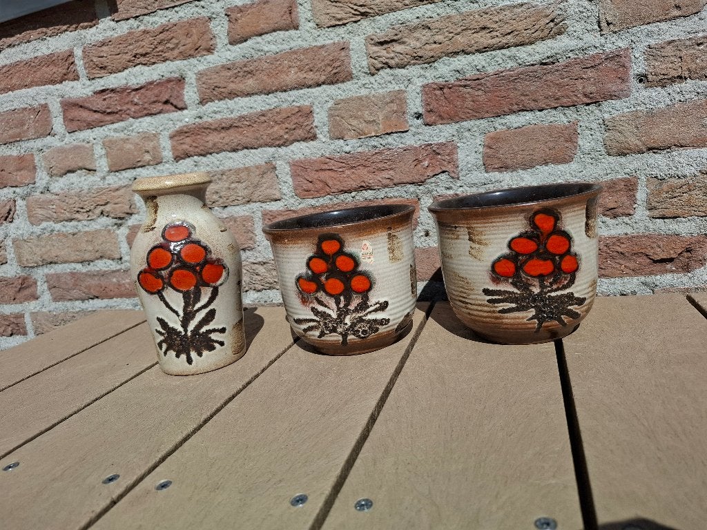 Vintage Scheurich bloempotten en vaasje, Ophalen, Gebruikt, Rond, Aardewerk