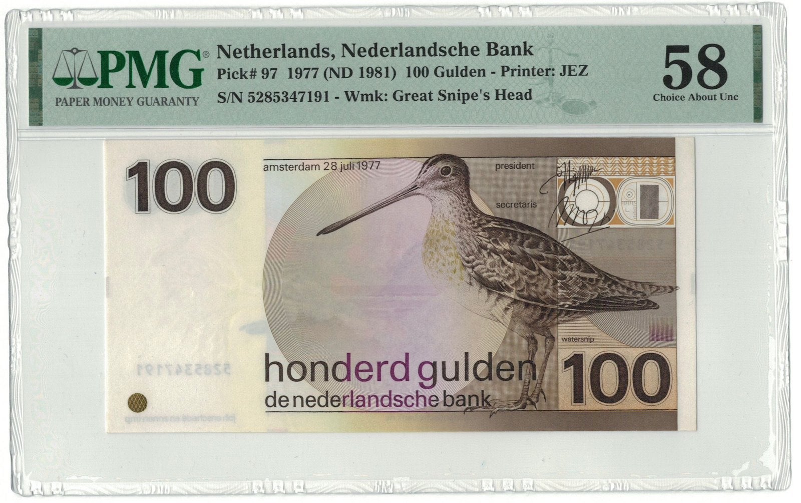 Nederland 100 Gulden Watersnip 1977 PMG 58, Ophalen of Verzenden, 100 gulden