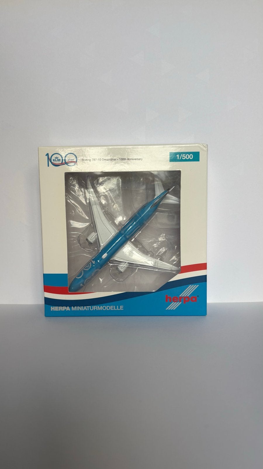 Herpa KLM Boeing 787-10 Dreamliner 100th Anniversary 1:500, Overige merken, 1:200 of kleiner, Ophalen of Verzenden, Zo goed als nieuw