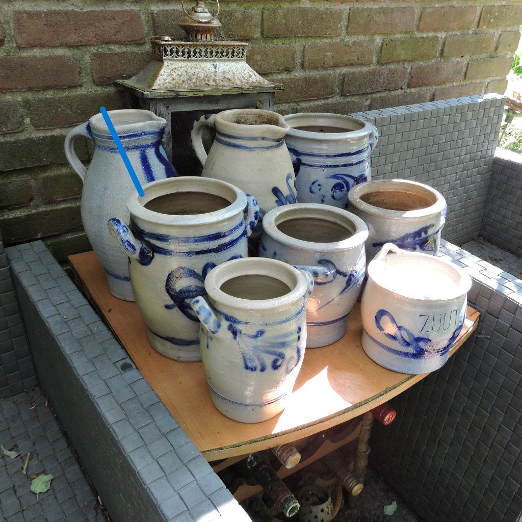 Oude Keulse potten kannen antiek blauw grijs aardewerk, Ophalen of Verzenden