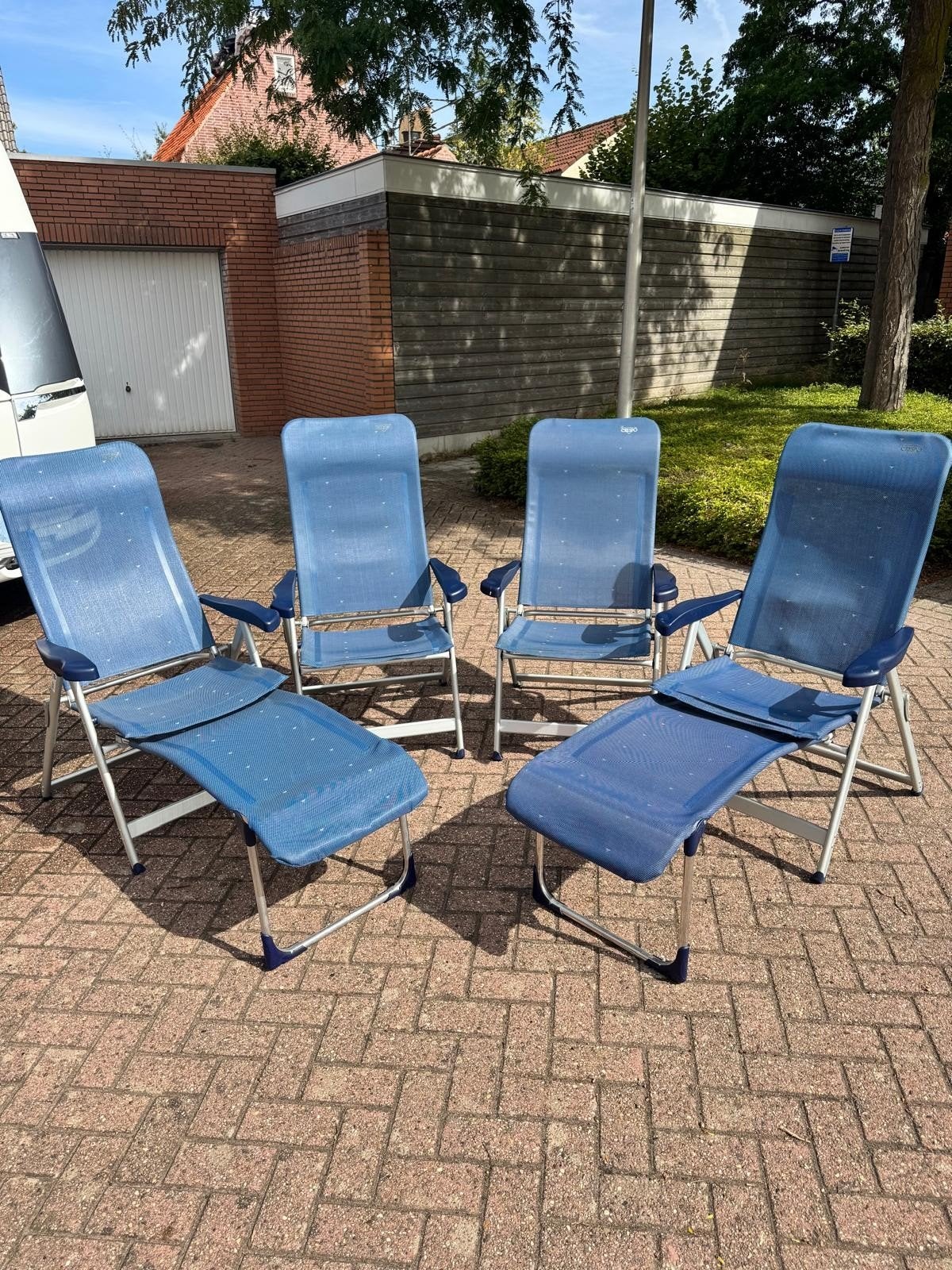 Set van 4 verstelbare Crespo stoelen blauw. Met 2 voetenbank, Ophalen, Zo goed als nieuw, Campingstoel