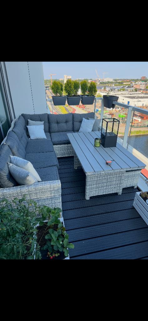 Outdoor L couch with Table and 2 poofs, Ophalen, Gebruikt, Overige materialen