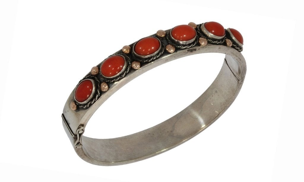 Bloedkoraal vintage slaven armband dame zilver fraai antiek, Ophalen of Verzenden, Zilver, Armband, Met edelsteen