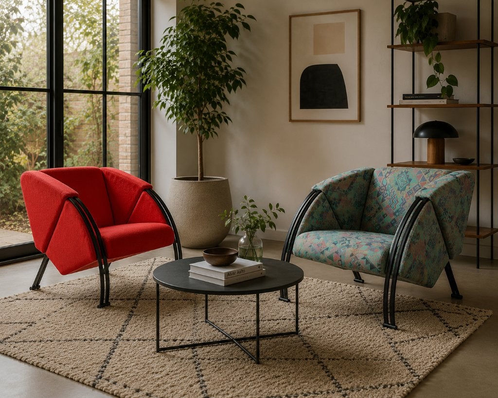 Twee Young international banken en 2 fauteuils, Ophalen, Gebruikt, 75 tot 100 cm, Postmodern Memphis Design Vintage Dutch Design