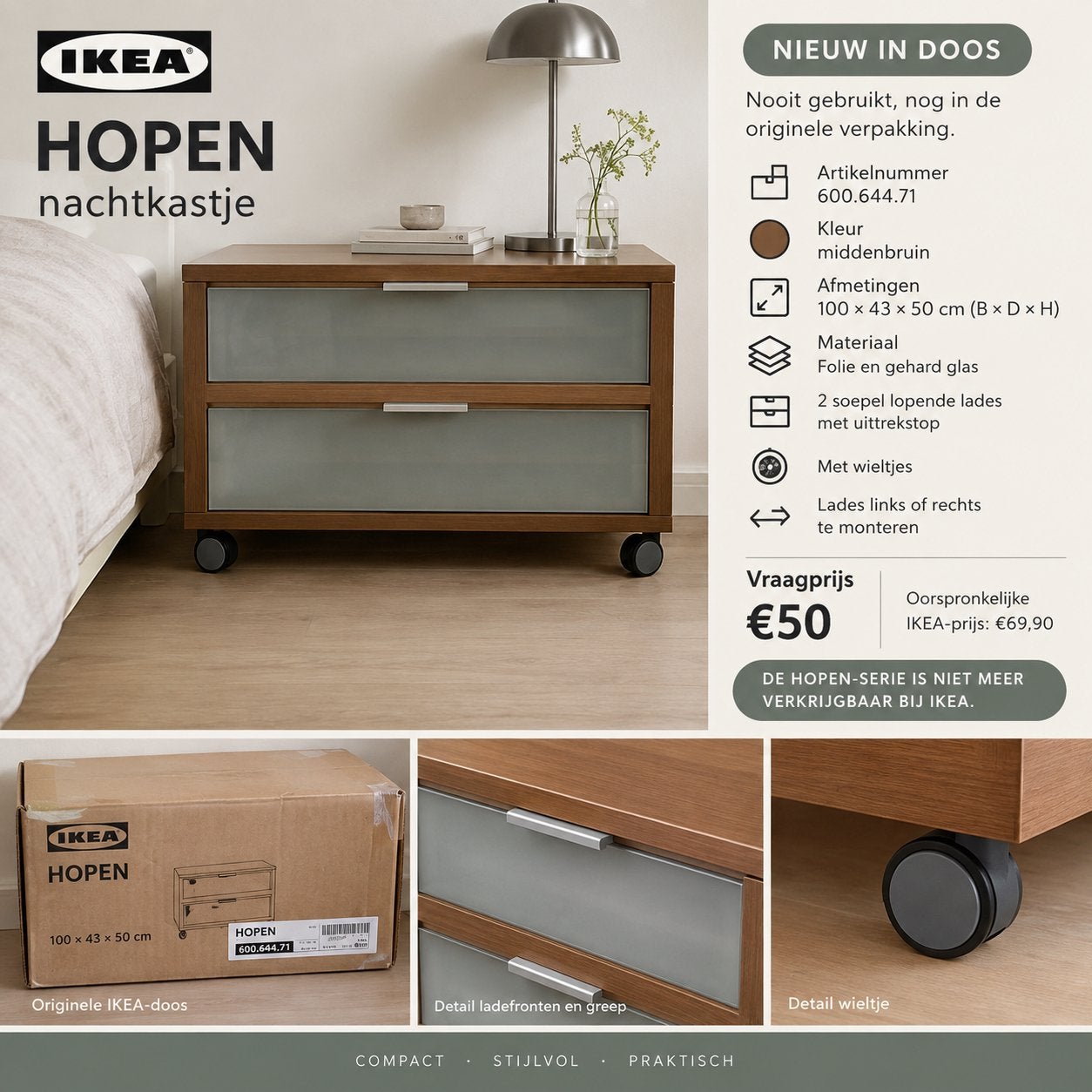 Nachtkasje HOPEN Ikea (ongebruikt en nog in doos), Huis en Inrichting, Ophalen, 100 tot 150 cm, 1 of 2 laden, Overige houtsoorten