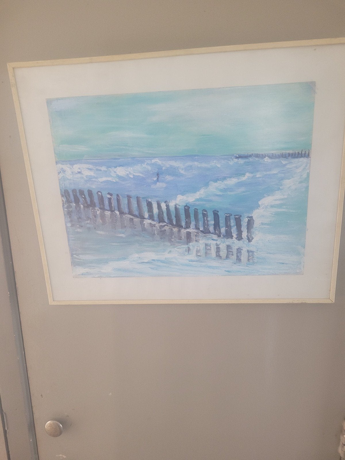 Schilderij: Zeegezicht met golfbrekers, Antiek en Kunst, Olieverf, Overige materialen, Ingelijst, Landschap