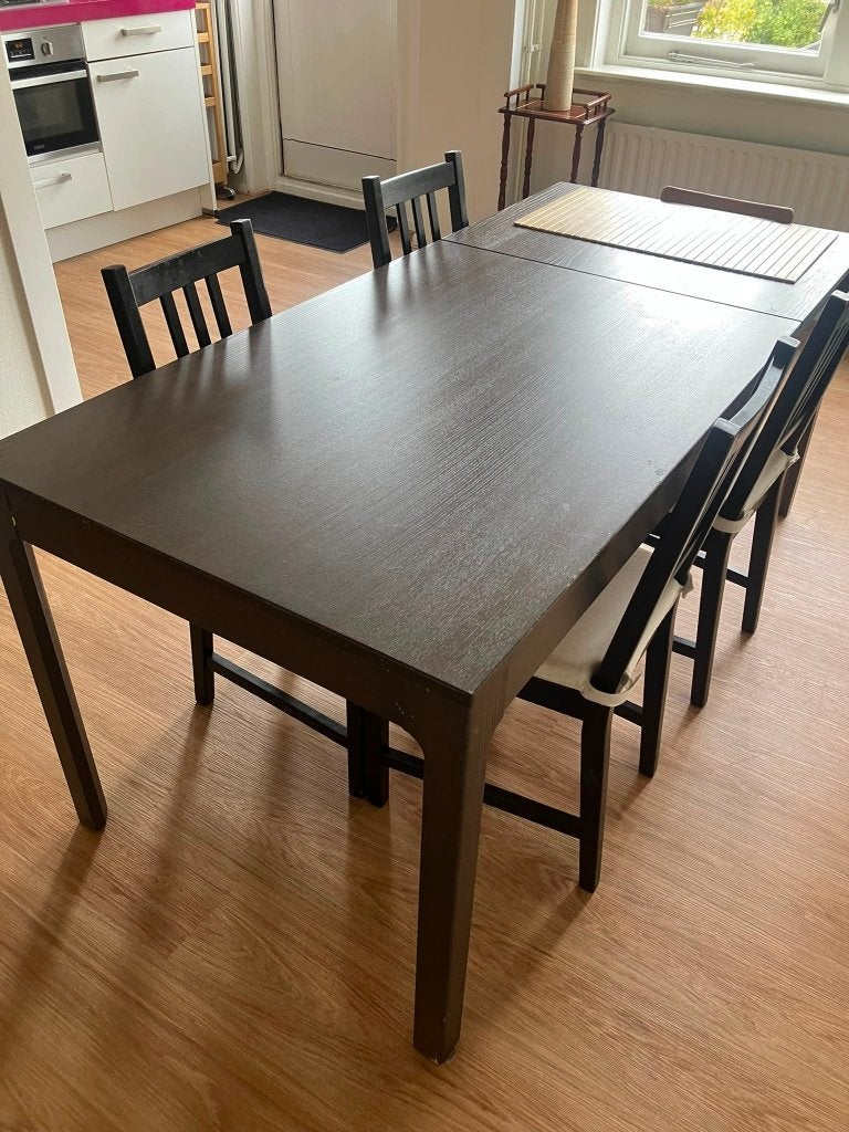 Uitschuifbare eettafel met 4 stoelen - Donkerbruin, Ophalen, Gebruikt, 50 tot 100 cm, Vijf personen of meer