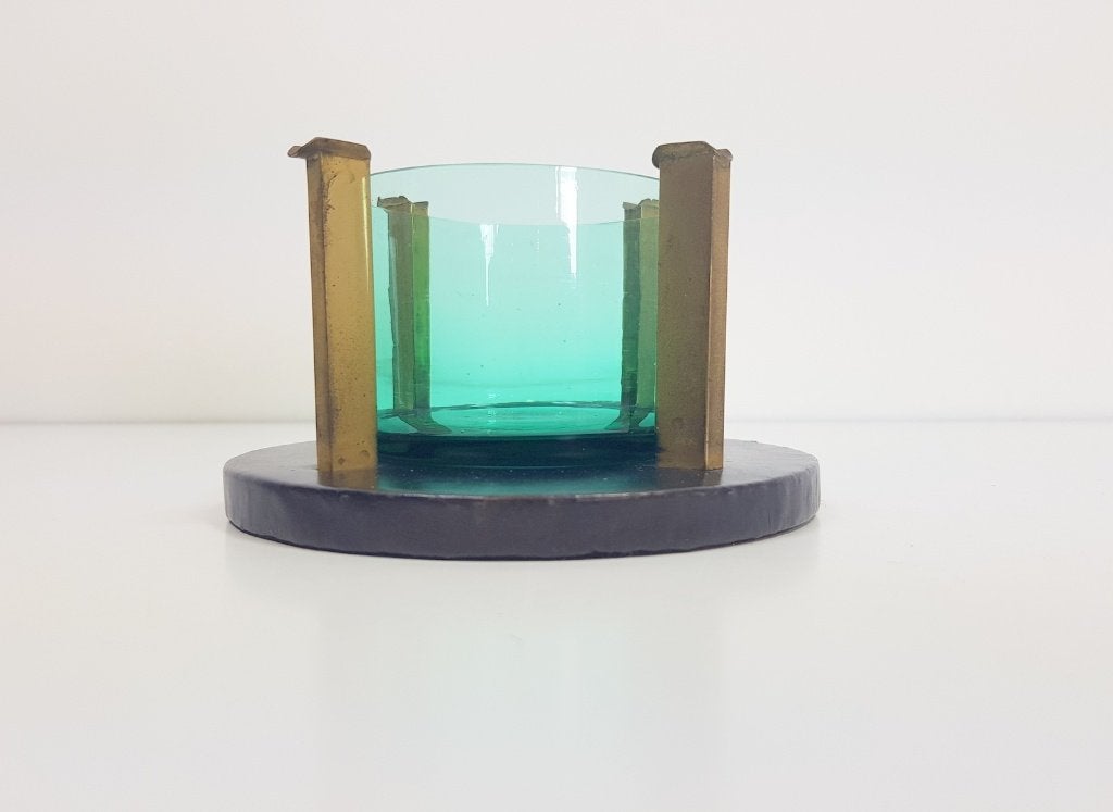 Vintage art deco asbak kristal messing leer mid century, Verzamelen, Ophalen of Verzenden, Zo goed als nieuw, Asbak