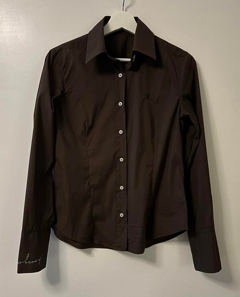 Burberry donkerbruine stretch blouse met strass logo, Kleding | Dames, Ophalen of Verzenden, Zo goed als nieuw, Maat 38/40 (M)