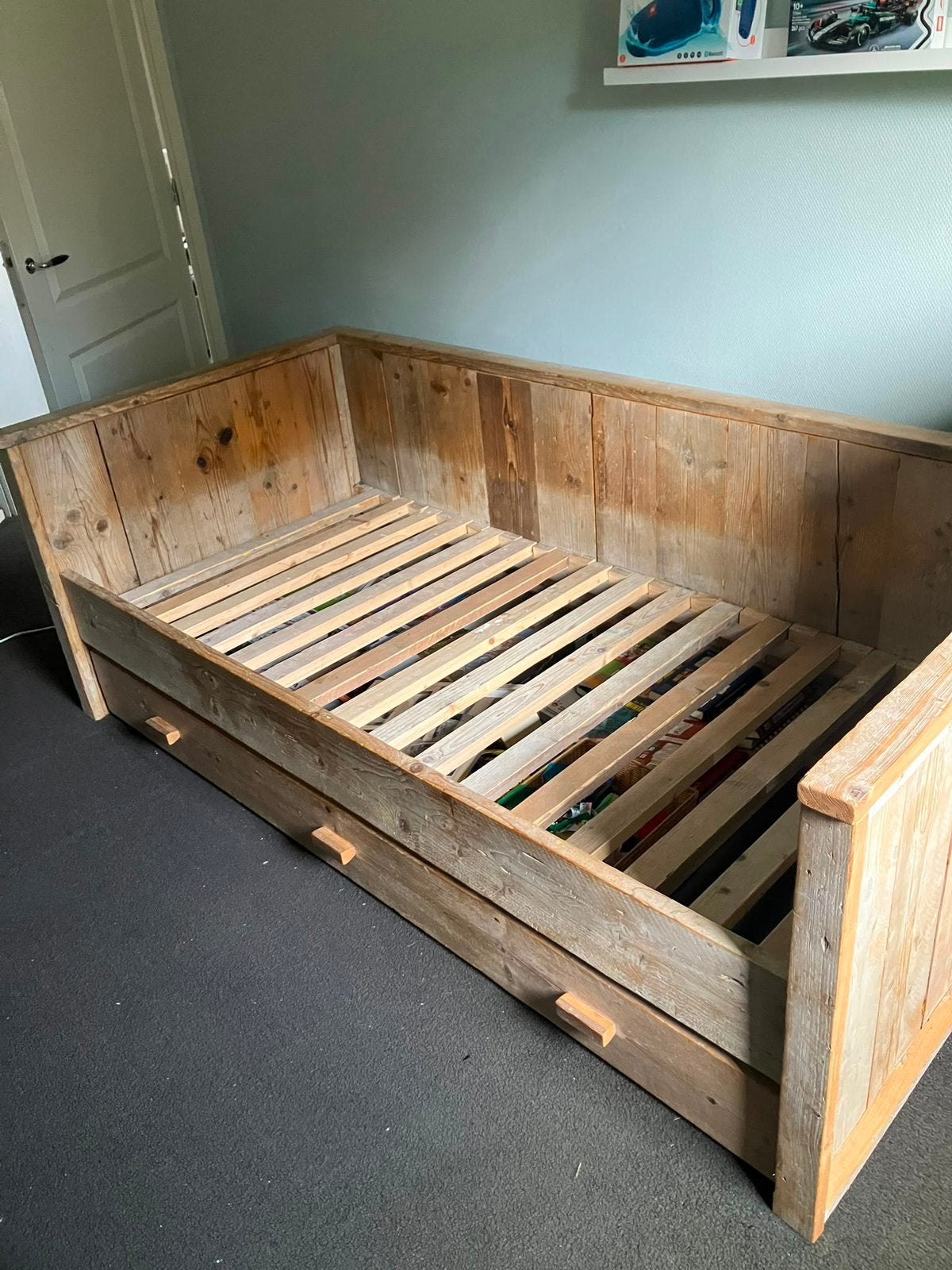 Steigerhouten bed 1 persoons, Ophalen, 90 cm, Eenpersoons, Bruin